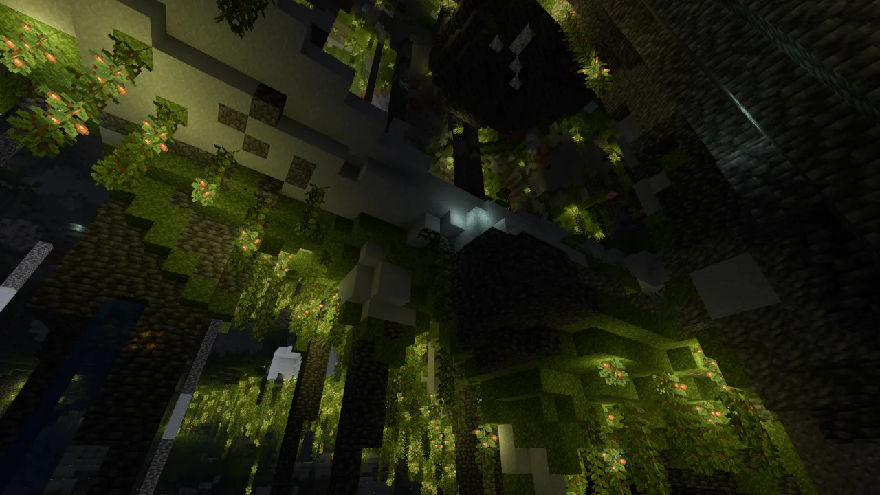 Цветной блочный свет с BRDF отражениями в пышной пещере.