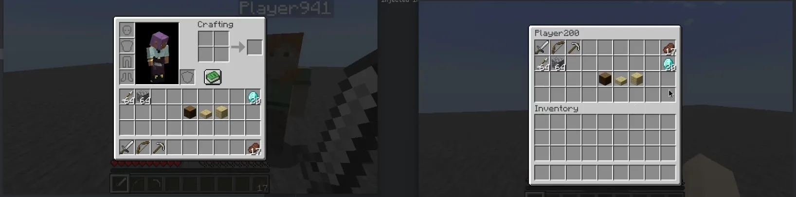 Интерфейс инвентаря другого игрока в Minecraft, открытый с помощью мода Pickpocket.