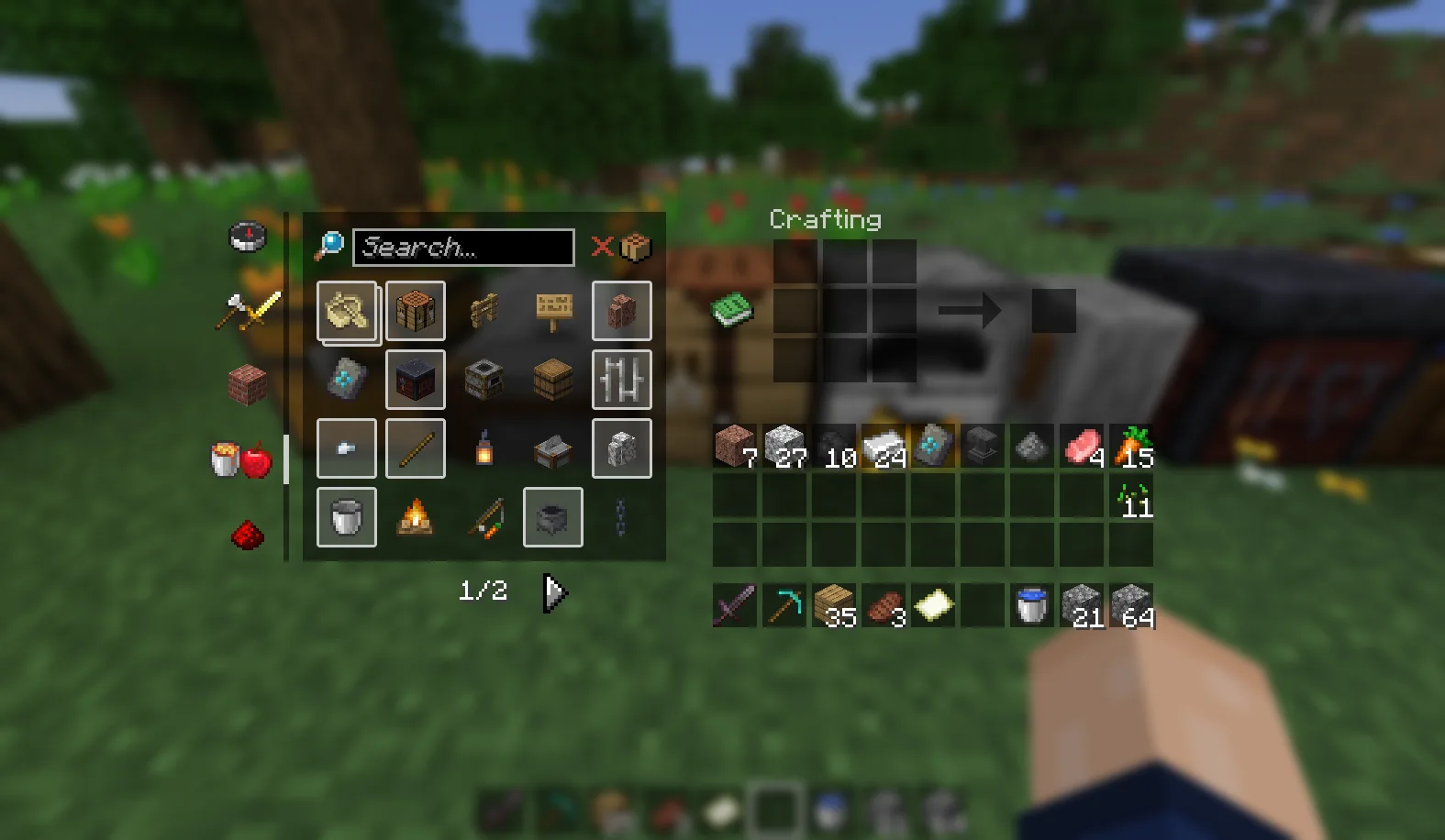 Полупрозрачный интерфейс верстака в Minecraft.