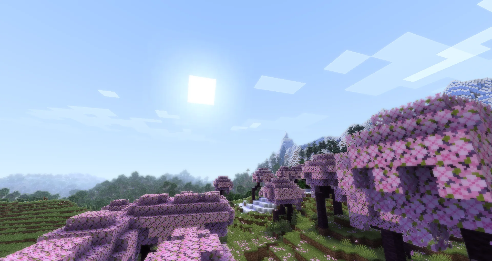 Горный пейзаж в Minecraft с ванильным шейдером Shaderific.