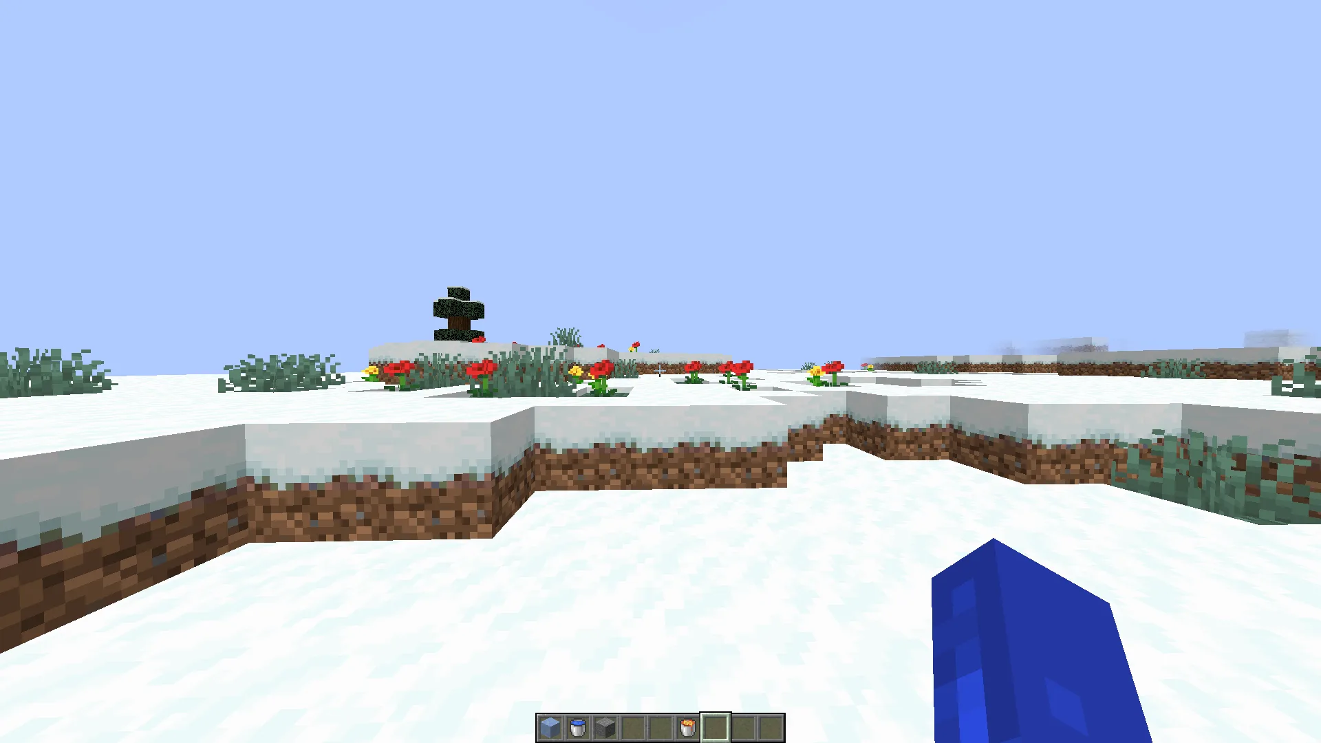 Скриншот игрового вида от первого лица с надетым на голову тыквенным шлемом при включенном текстурпаке No Pumpkin Overlay.