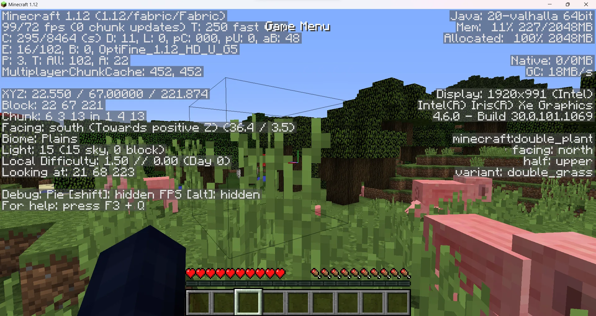 Скриншот демонстрации мода Legacy Debug Pause в версии Minecraft 1.12.