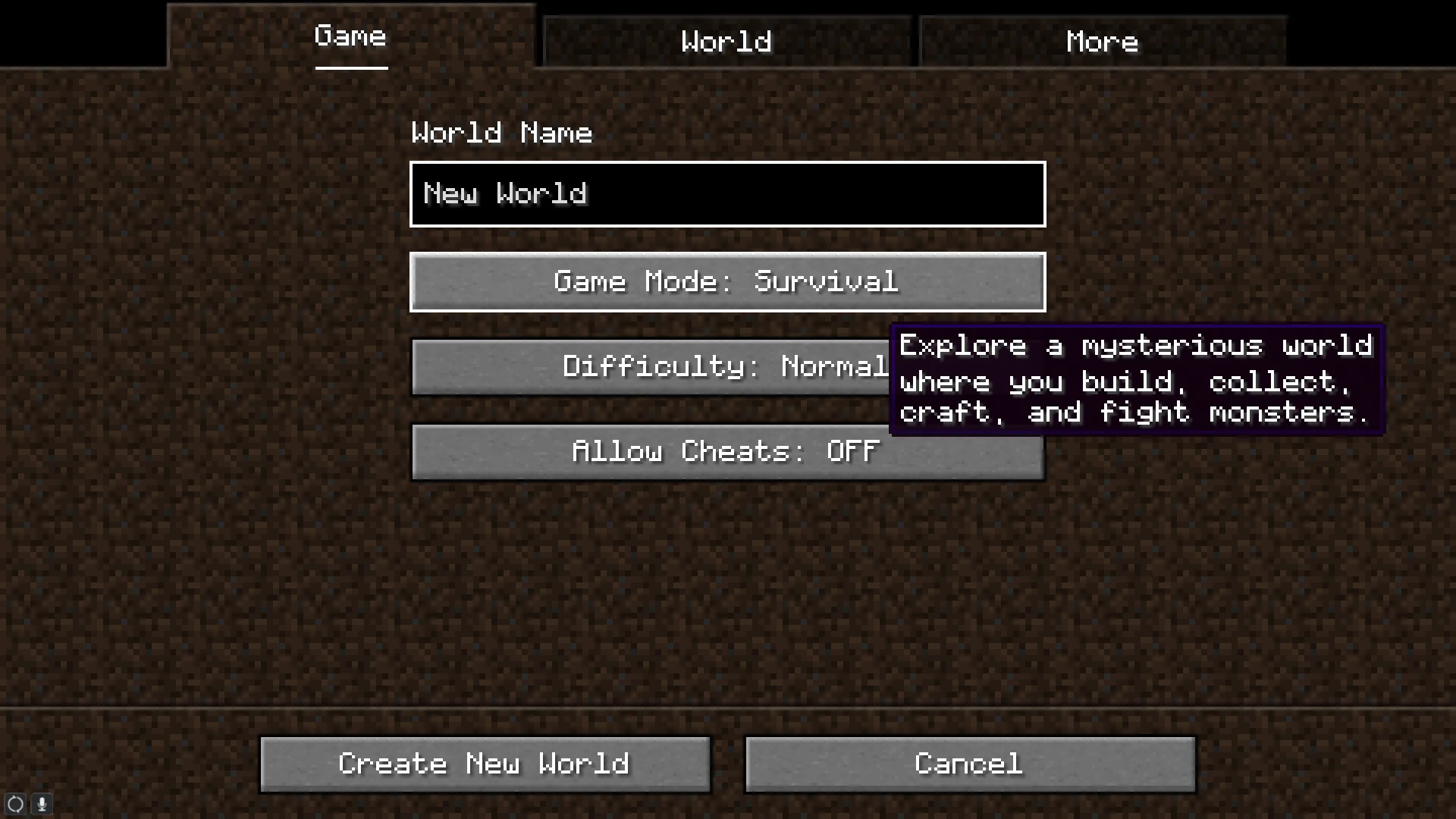 Экран создания мира с использованием шрифта Minecraft Seven Mono