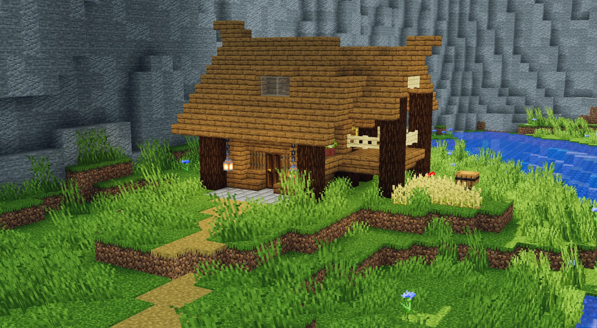 Маленький дом у реки в стиле Pixel Perfect.