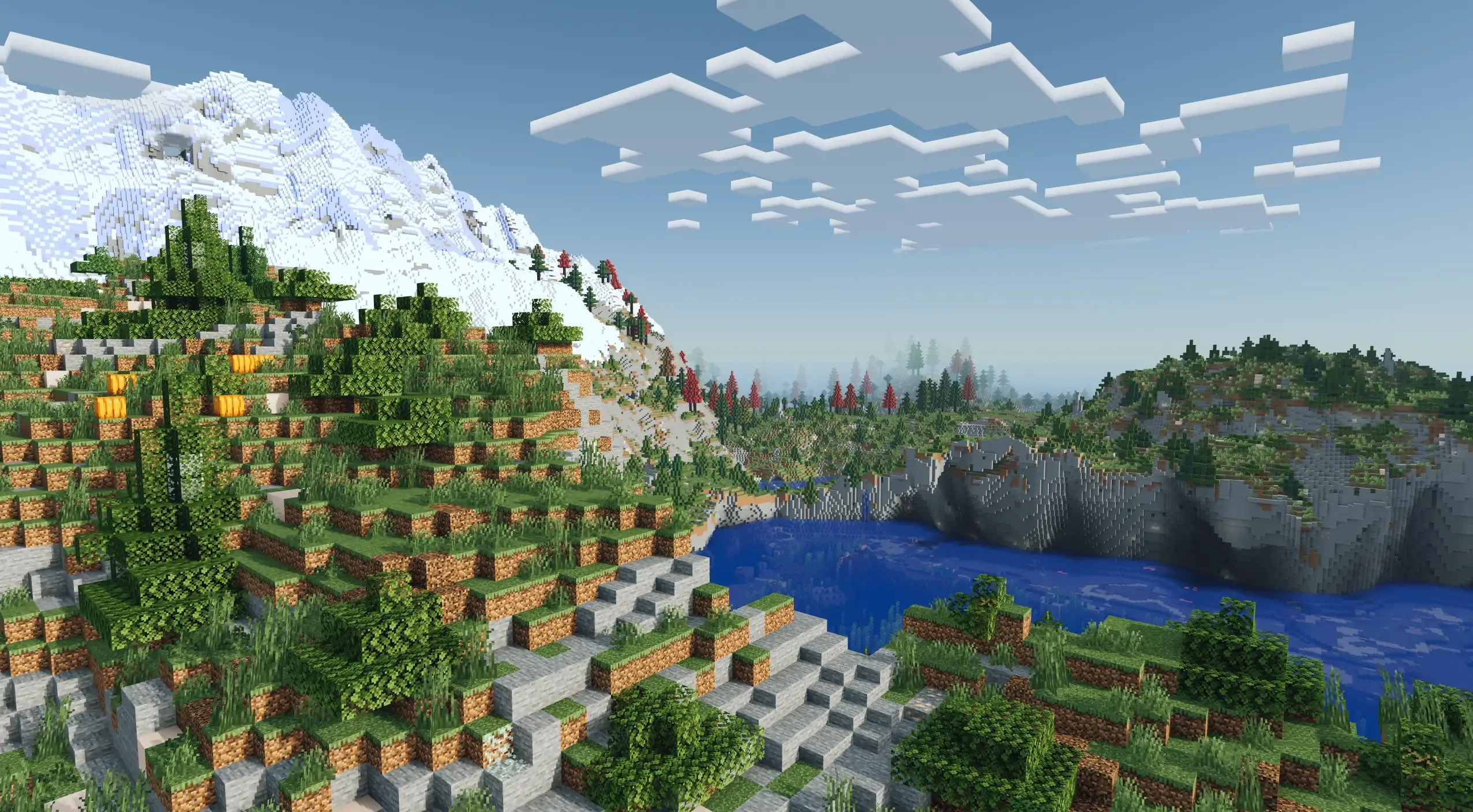 Снежные горы над лесистыми холмами, окружающими лагуну, с использованием Terralith.