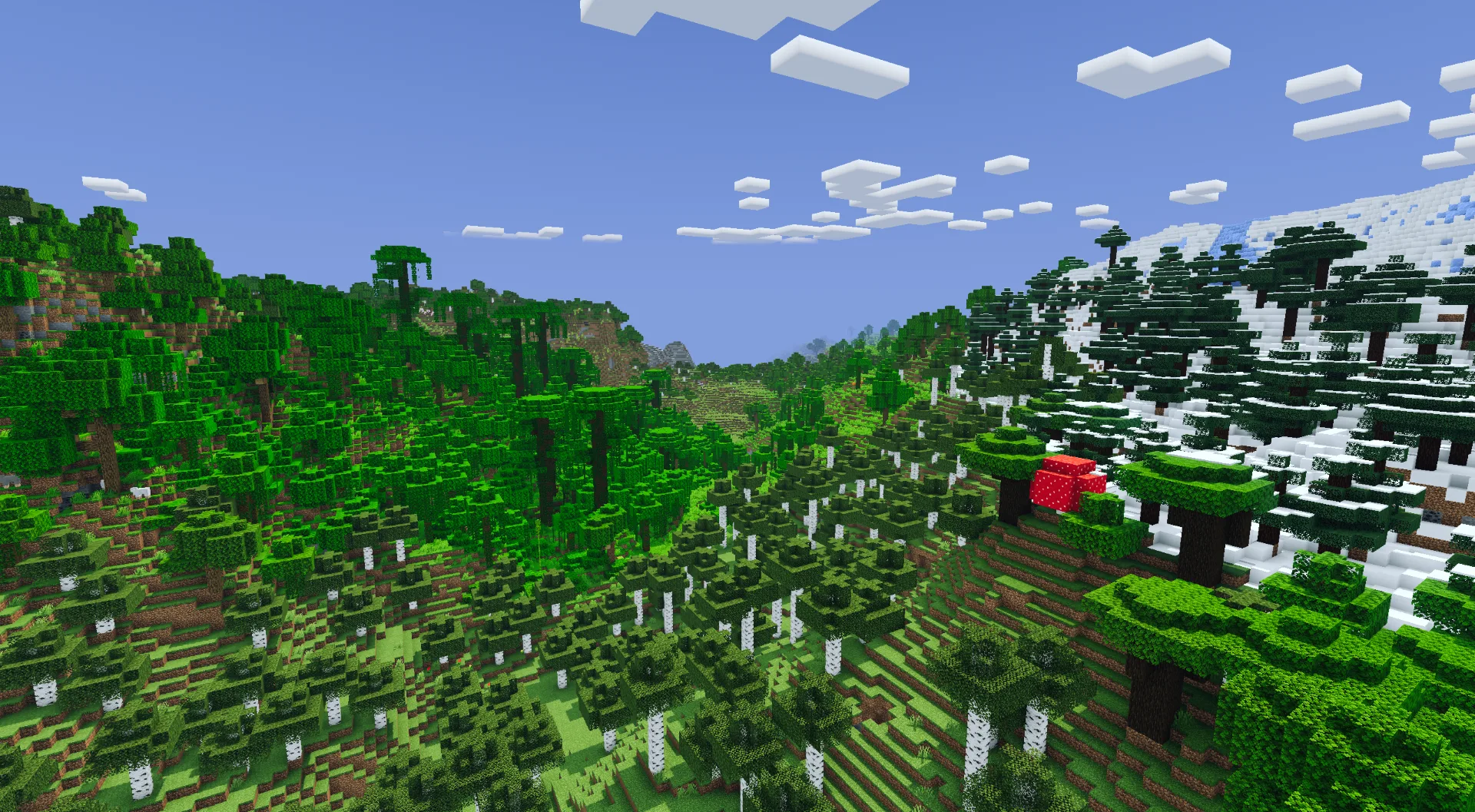 Снежные вершины и роща в долине между джунглями, создающие березовый лес и равнины.