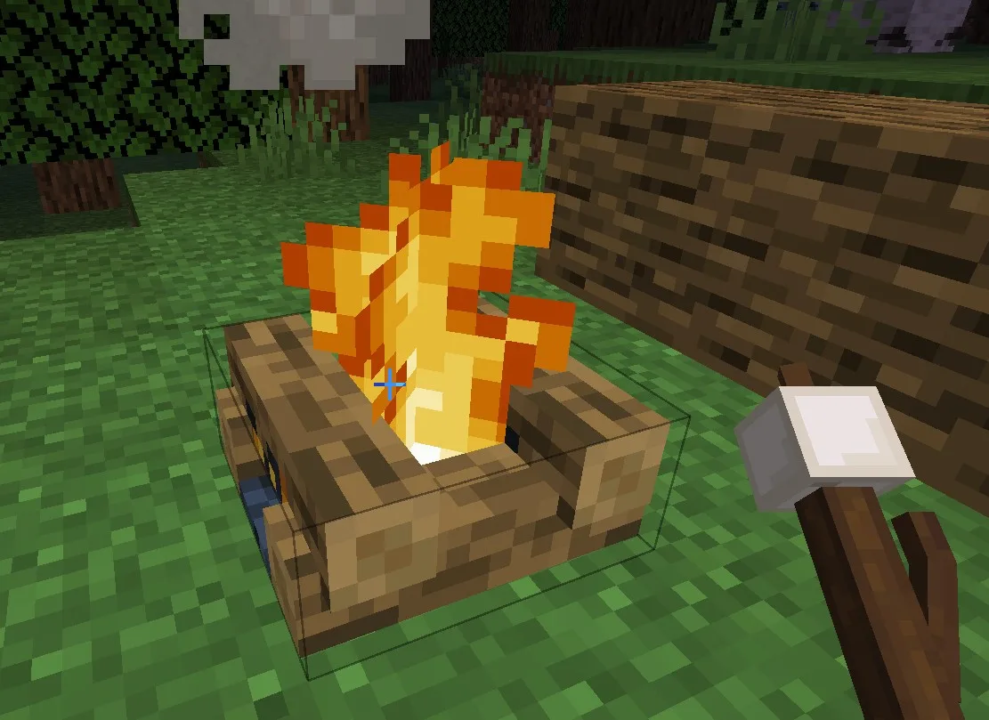 Мод simple marshmallows: персонаж жарит маршмэллоу на костре.