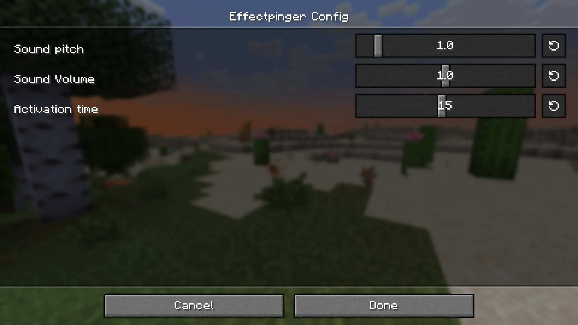 Экран конфигурации мода Effect pinger версии 1.0.0