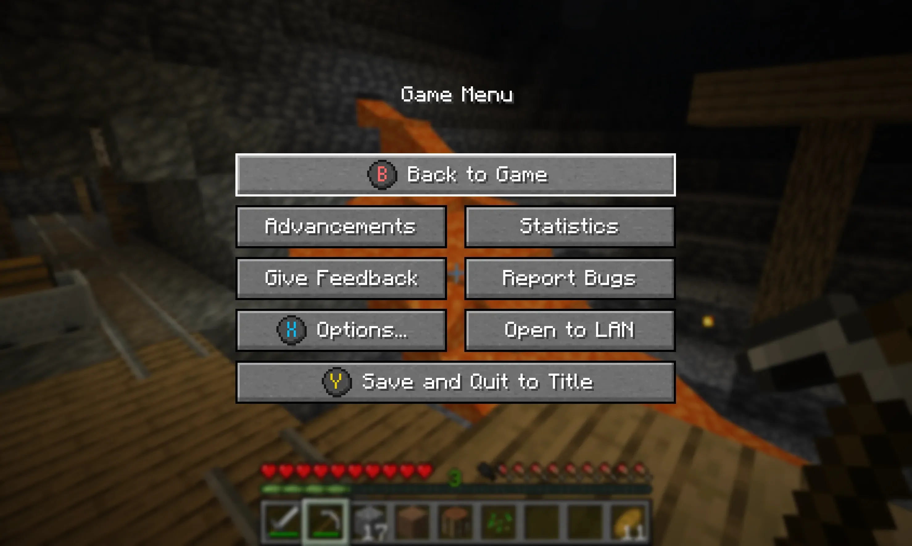 Меню паузы в Minecraft с отображением кнопок управления контроллером.