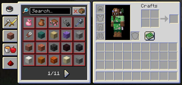 Интерфейс инвентаря с открытой книгой рецептов в стиле Fireflies GUI