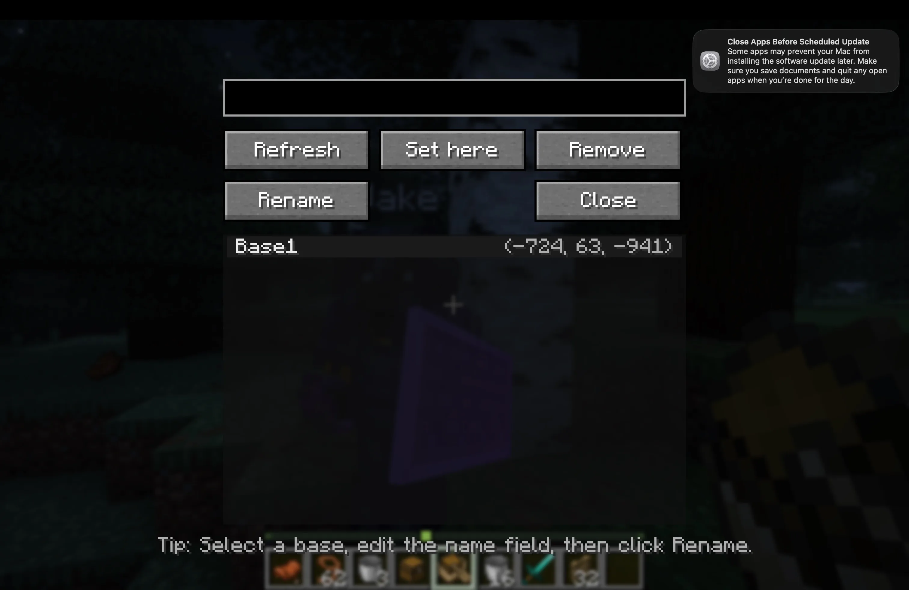 Alt-текст: Меню настройки защищенных баз и точек дома для бота в моде Frens.