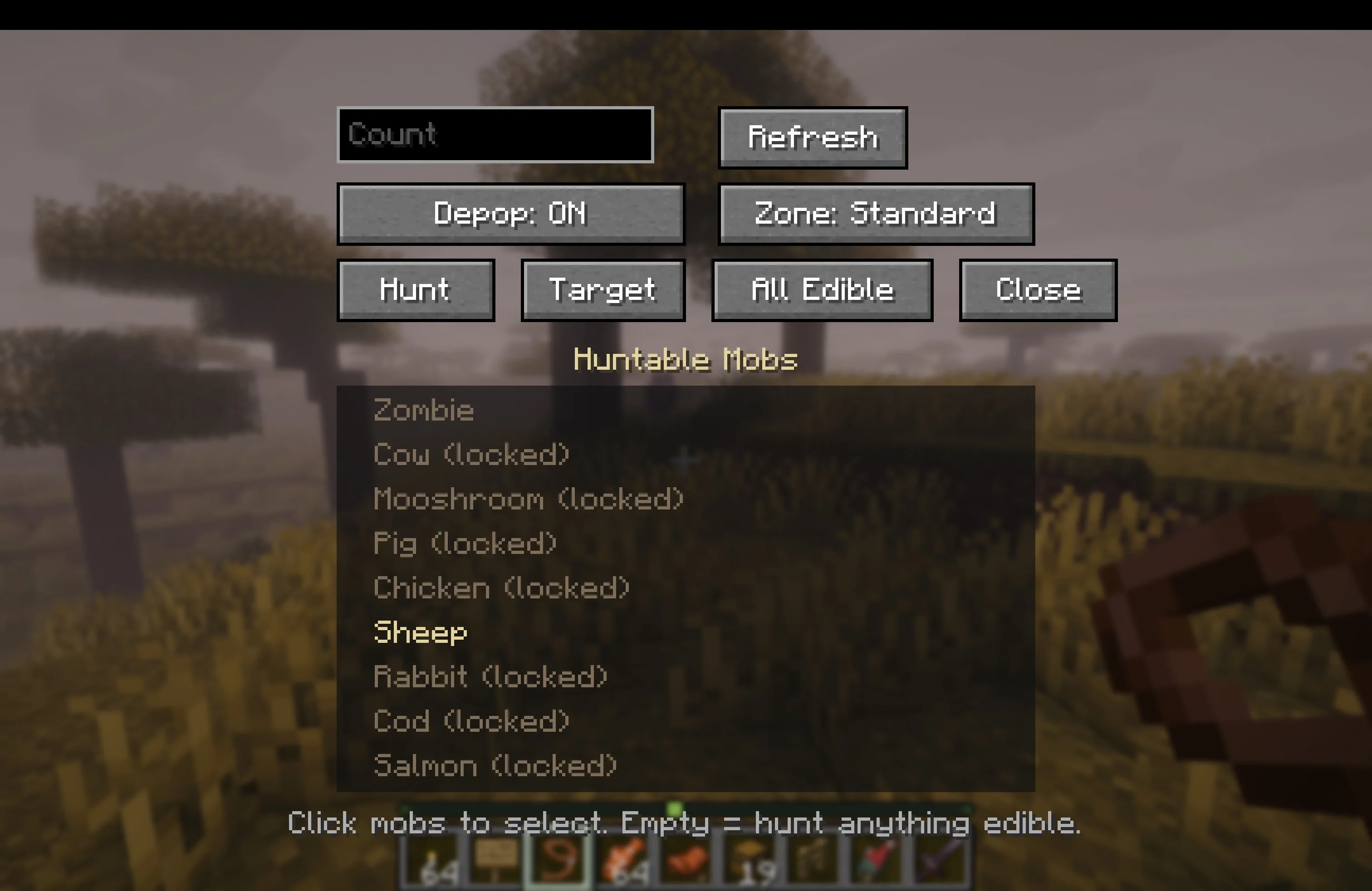 Интерфейс мода Frens для автоматической охоты на мобов с настройками выбора целей и контроля популяции.