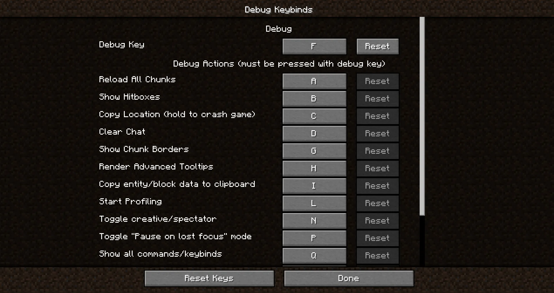 Экран настройки клавиш отладки мода Debug Keybind