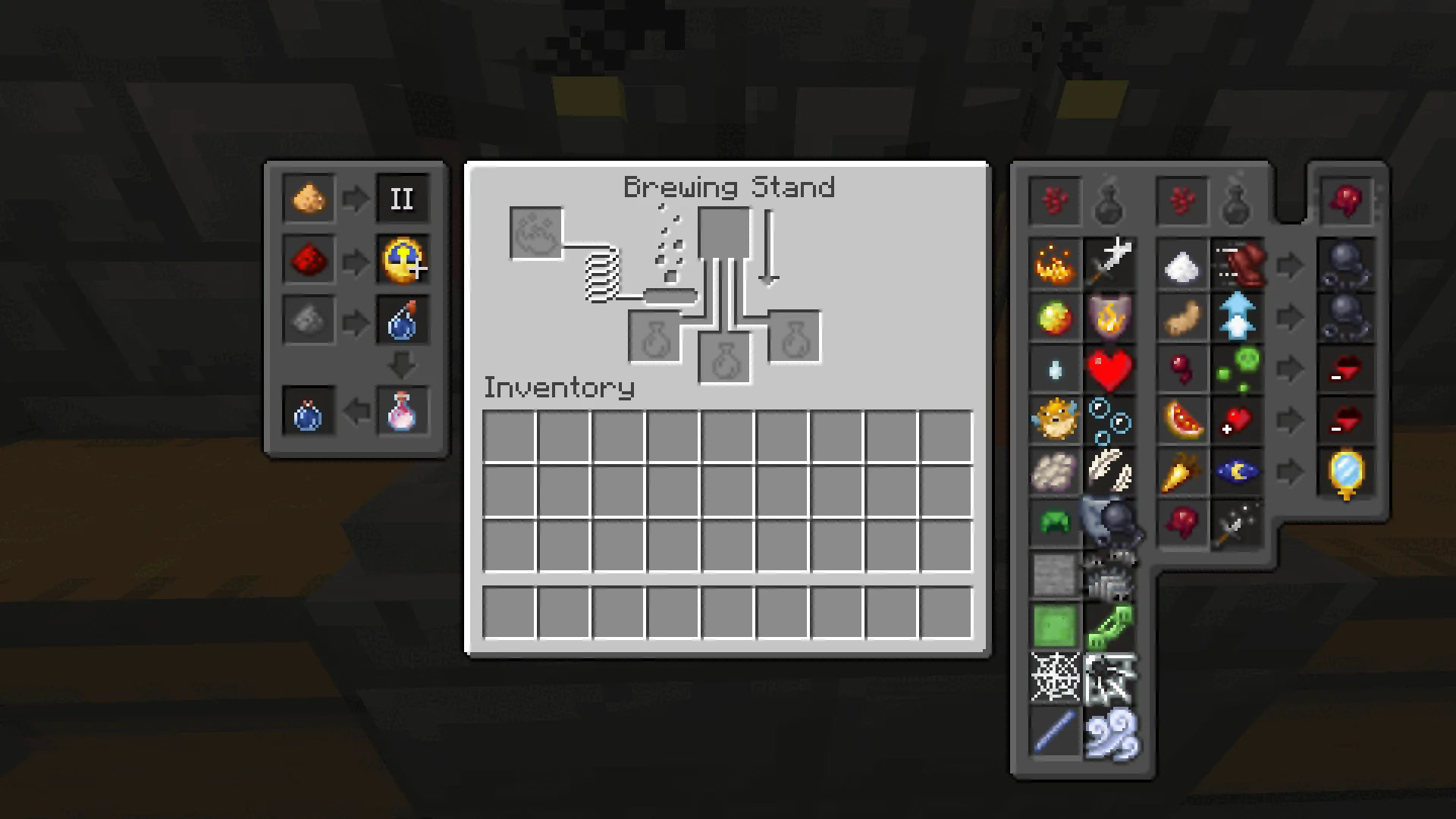 Внутриигровой интерфейс ресурс-пака Improved Brewing Guide с подсказками для зельеварения.