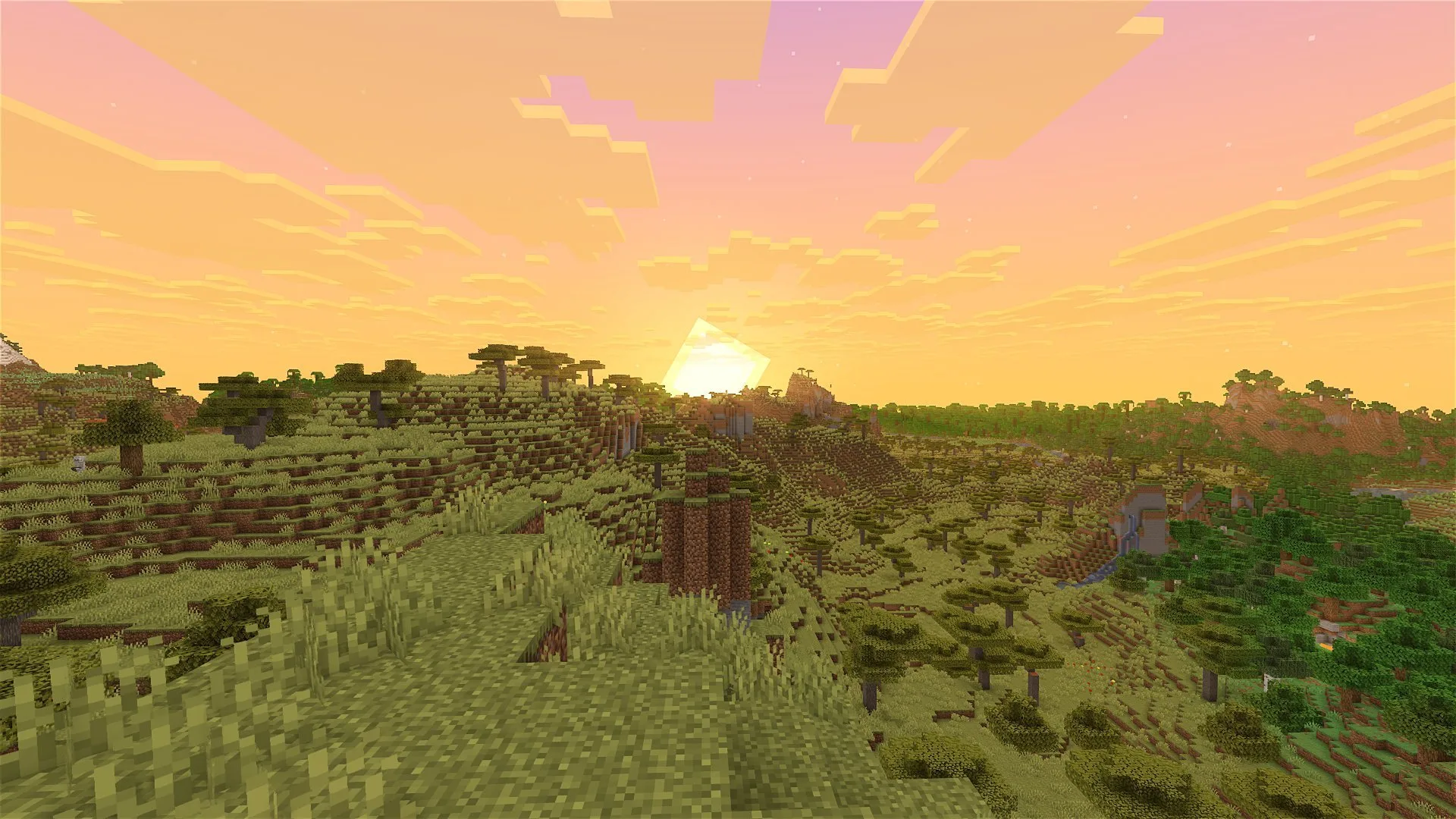 Восход солнца в мире Minecraft.