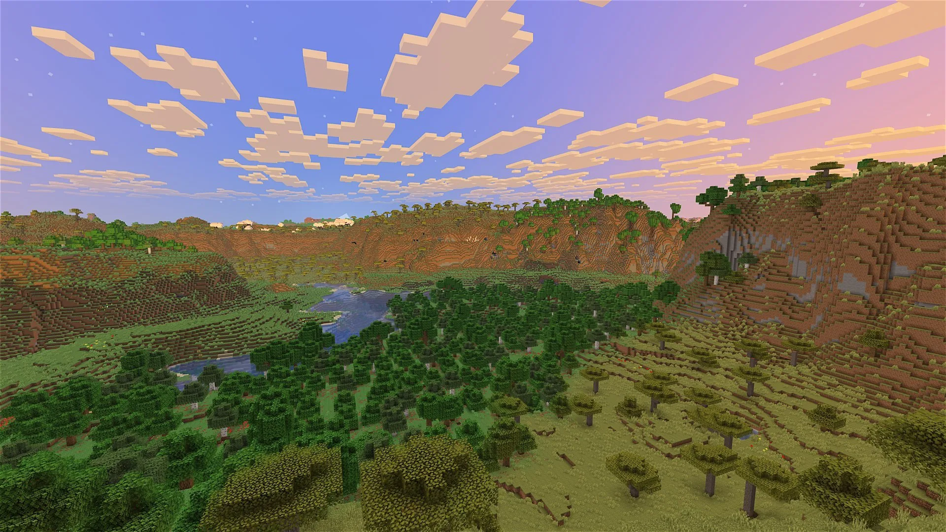 Долина на рассвете в стиле "ванильного" Майнкрафта.