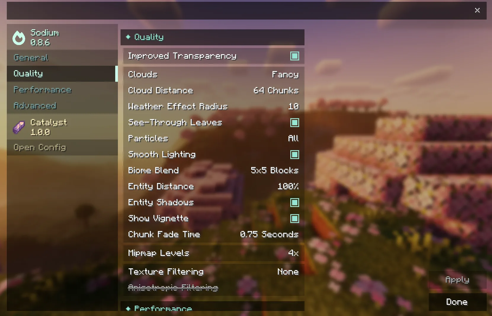 Экран настроек Sodium в моде Catalyst