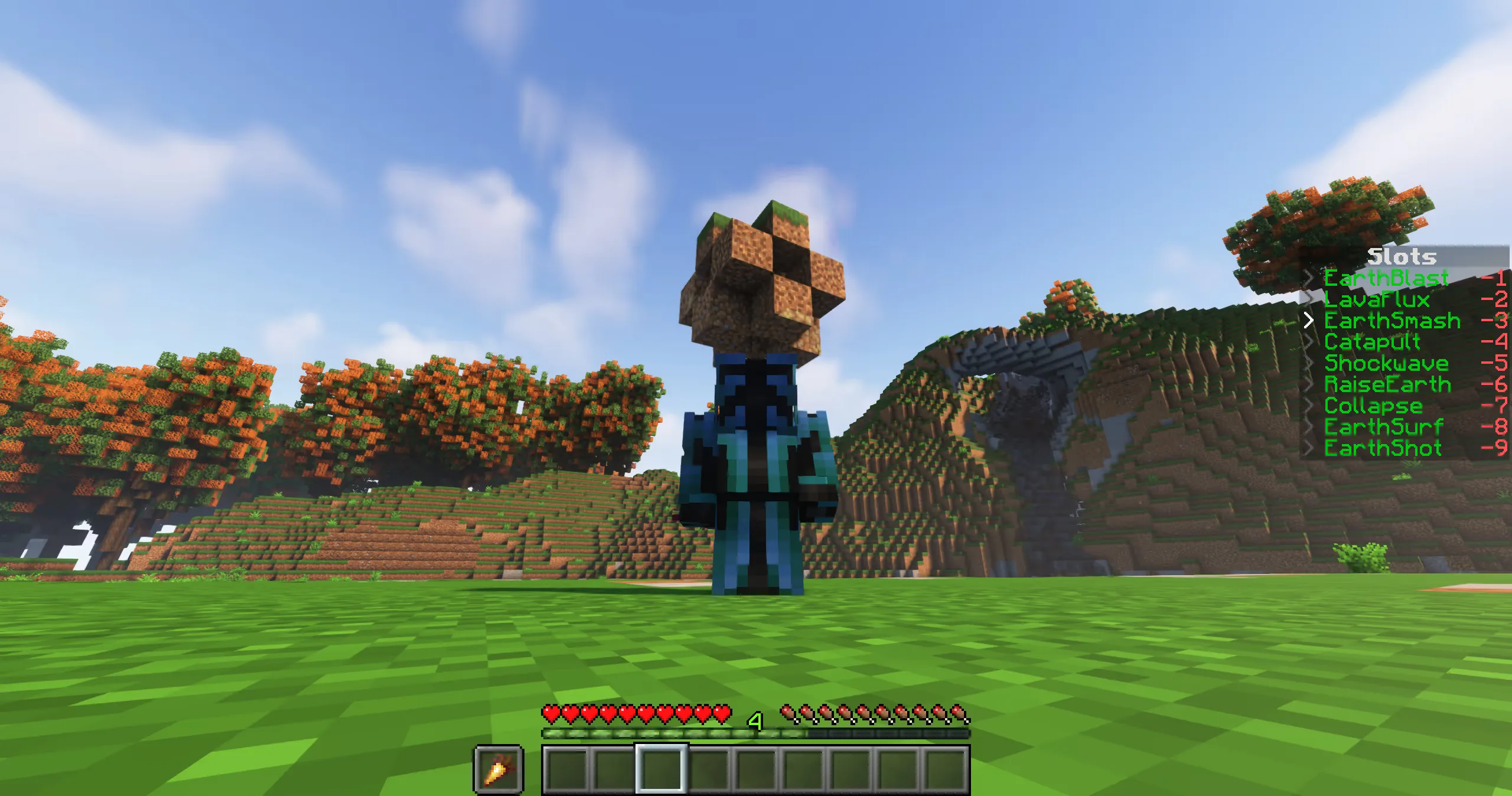 Персонаж мода Bending использует магию земли, удерживая валун в воздухе перед броском.