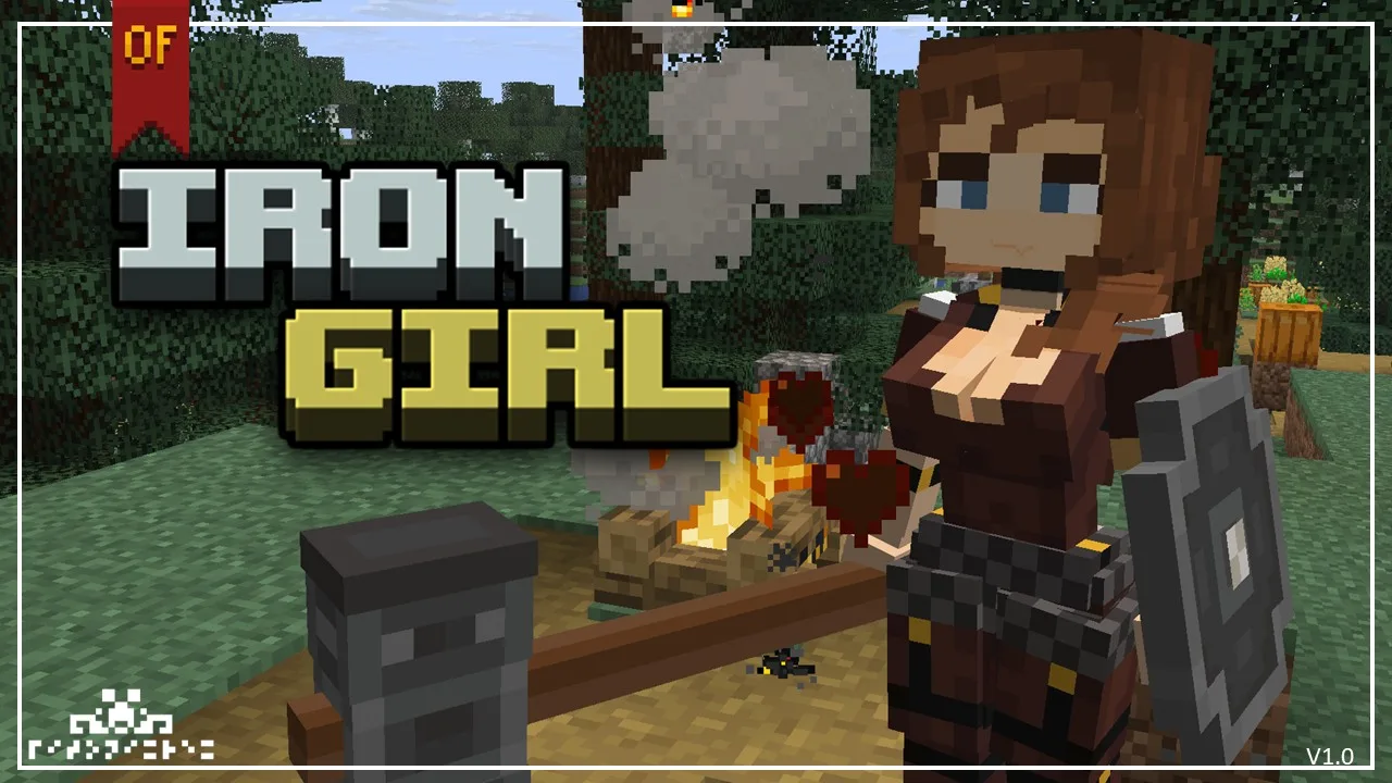 Персонаж Iron Girl в полный рост на фоне Minecraft-постройки.