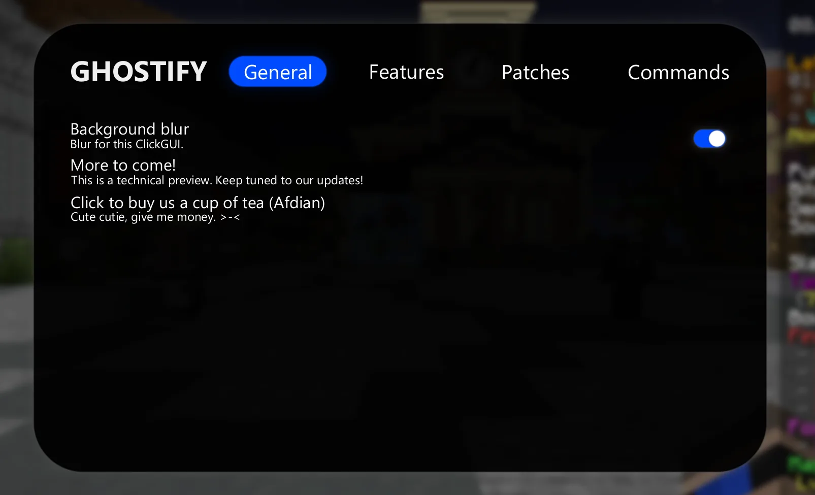 Графический интерфейс меню мода Ghostify Lite