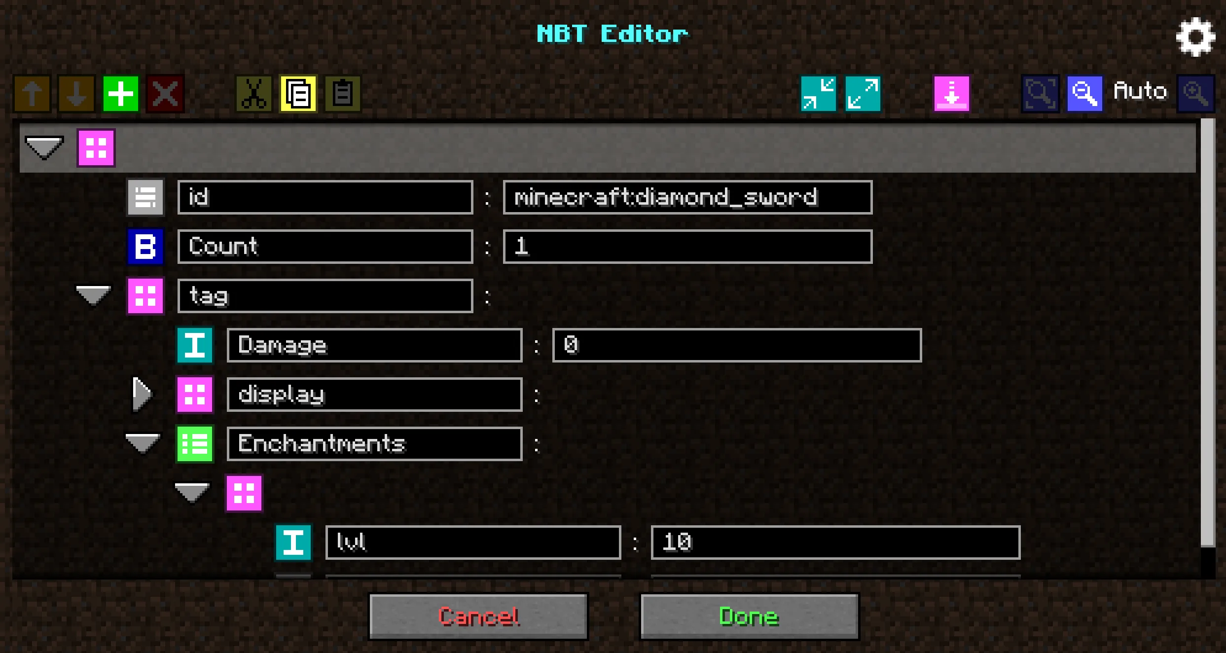 Интерфейс редактирования NBT-данных в Minecraft-моде IBE Editor.