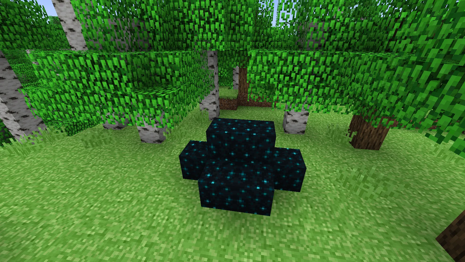 Лесной пейзаж в Minecraft с элементами новых версий игры.