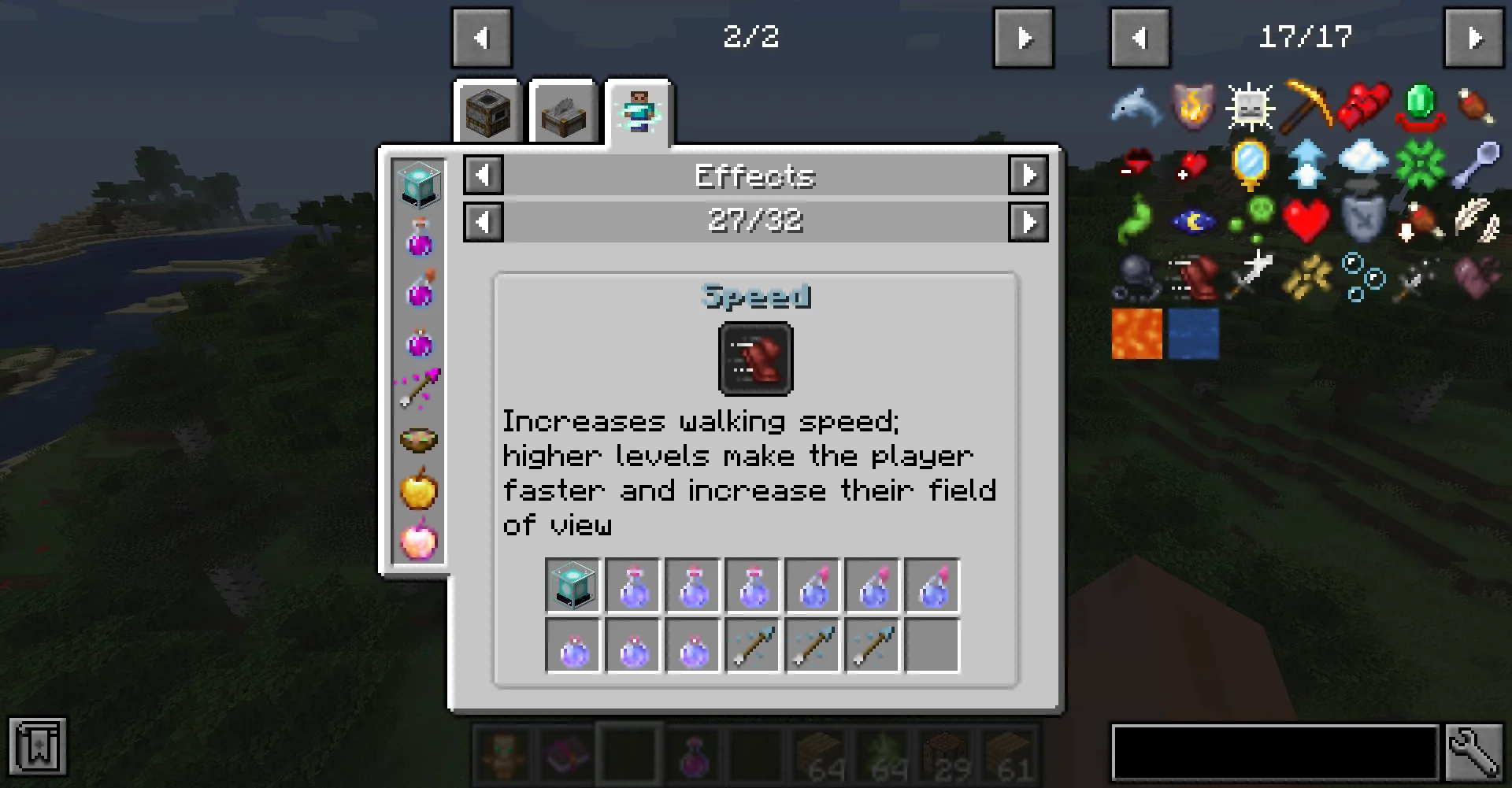 Окно инвентаря Minecraft с открытой вкладкой эффектов мода JEED.