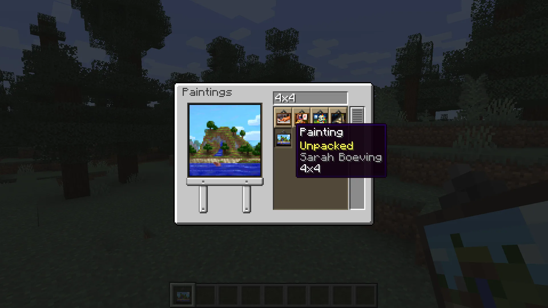 Интерфейс выбора картин в Minecraft.