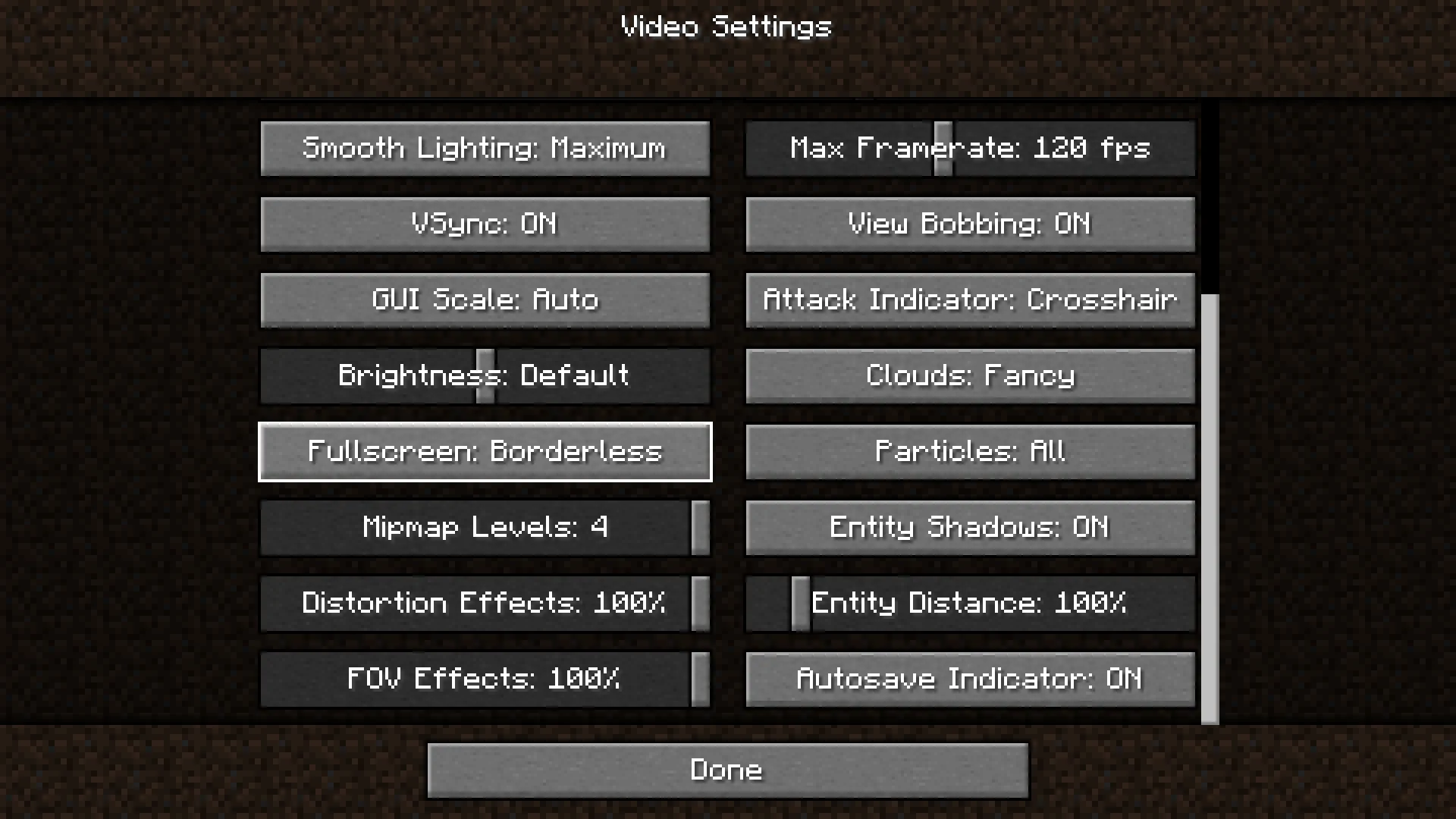 Меню настроек видео в Minecraft.