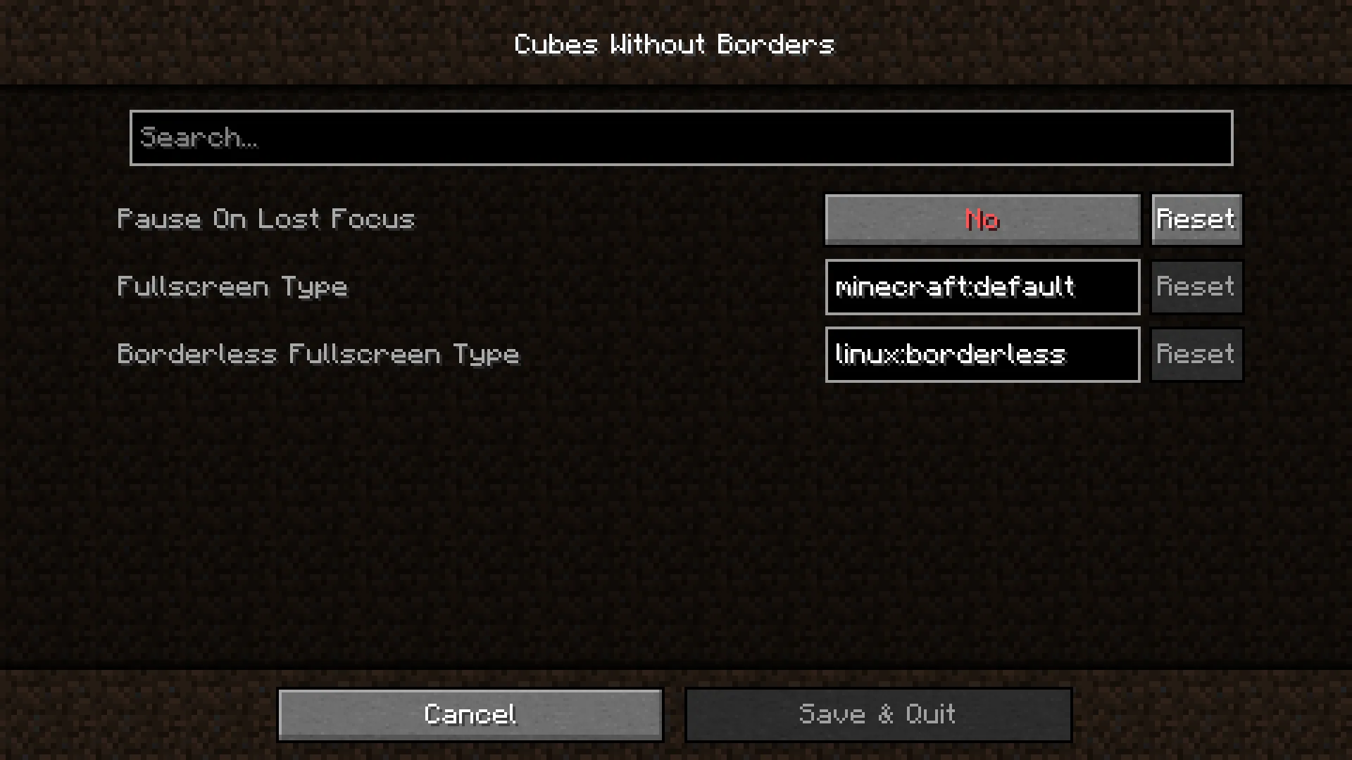 Меню настроек мода Cubes Without Borders.