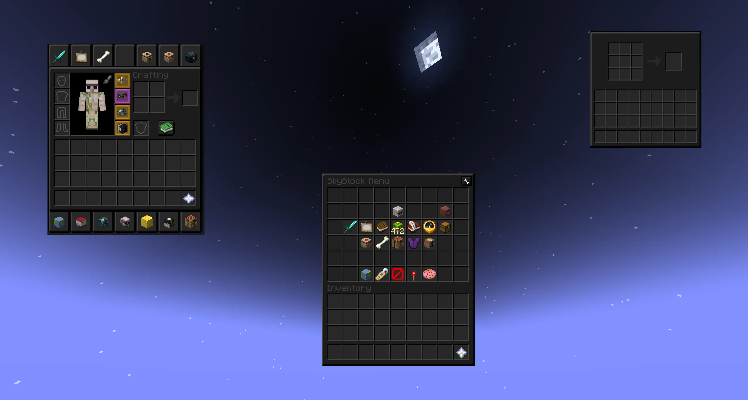 Темная тема интерфейса Minecraft с элементами навигации Skyblocker.