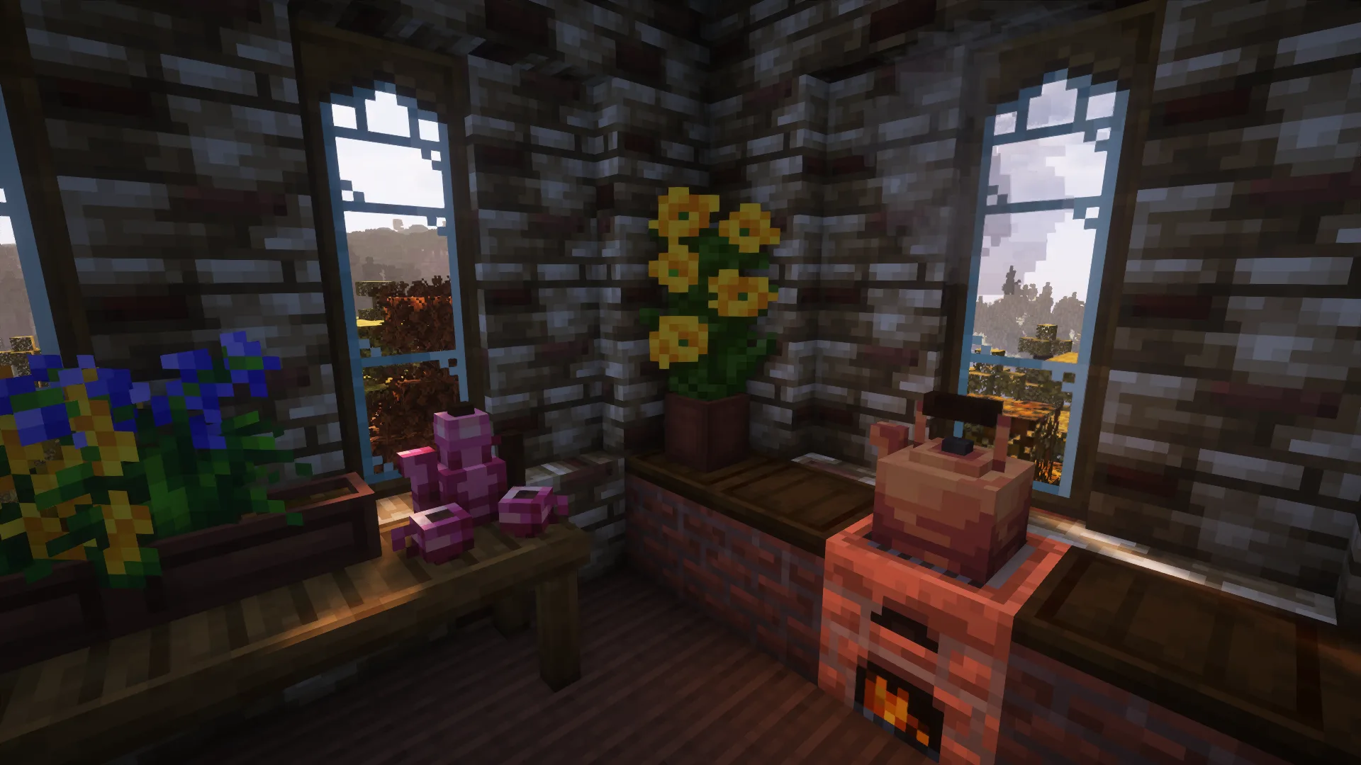 Чайник для заваривания и кофейный набор в уютной кухне с видом на лиственничный лес.