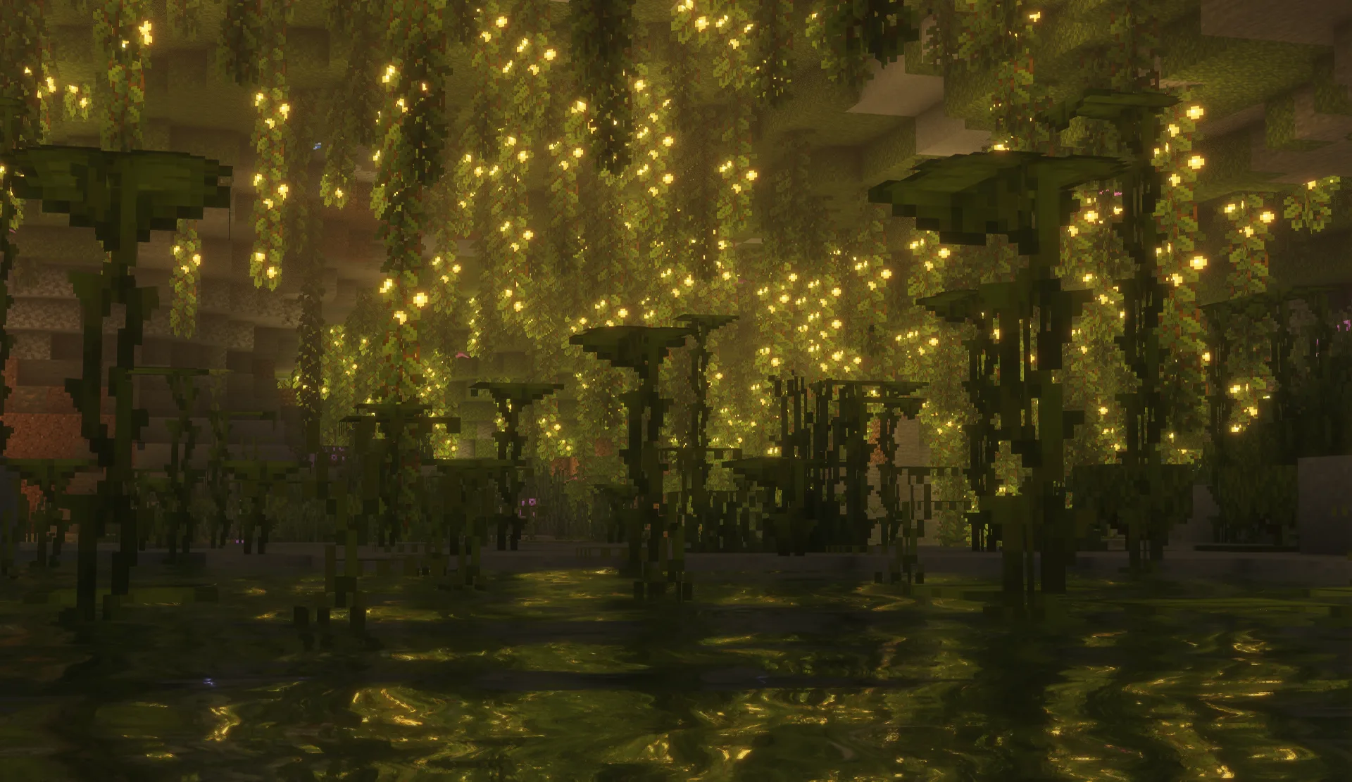 Солнечный шейдер, освещающий пышные пещеры светящимися ягодами.