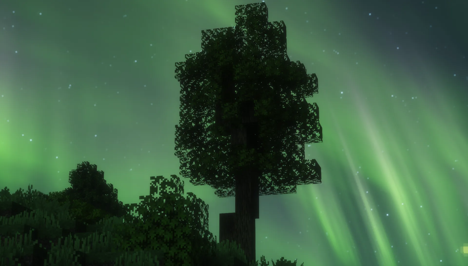 Одинокое дерево на фоне северного сияния в шейдере Solas.