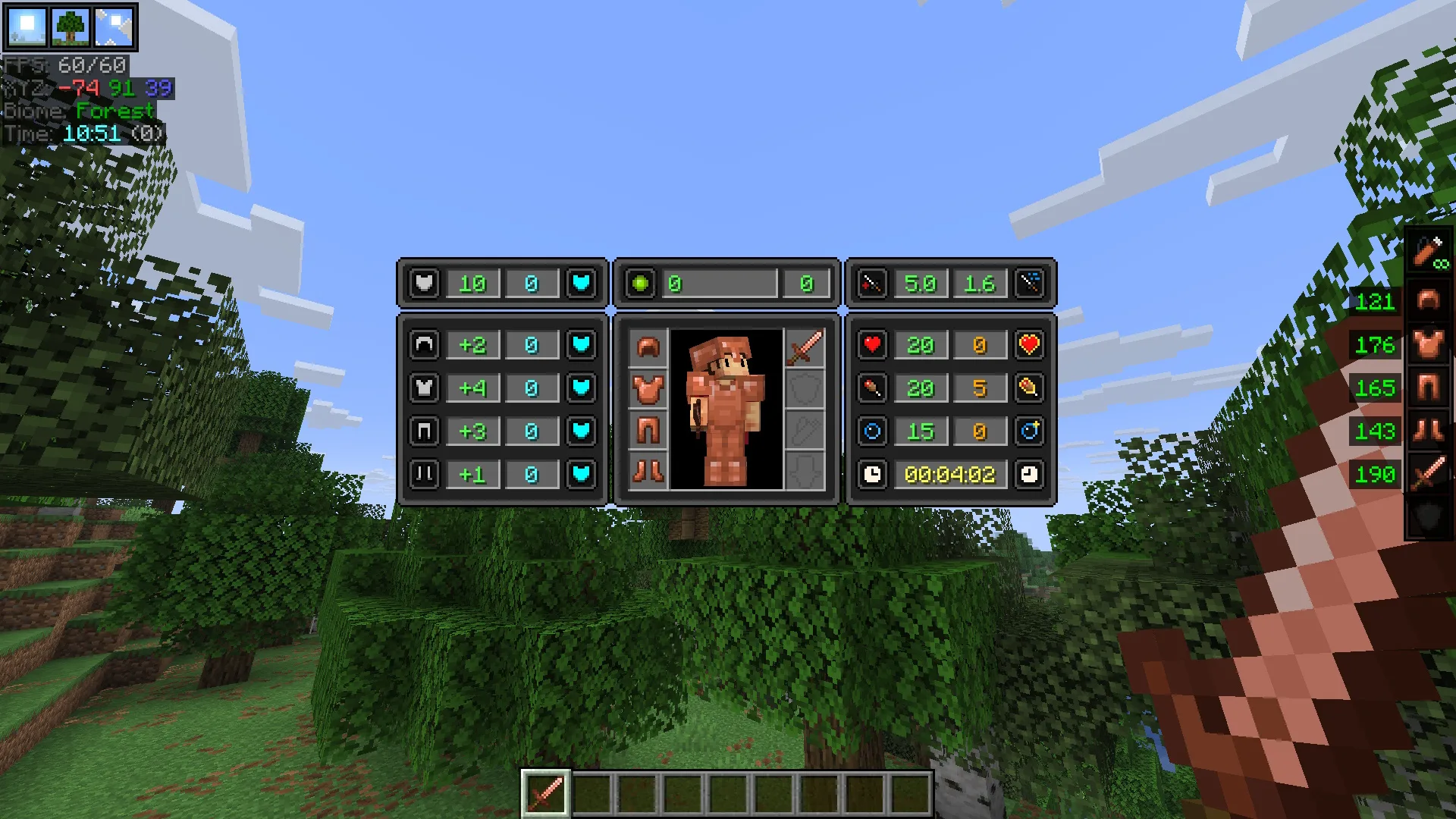 Графический интерфейс мода EssentialGUI с расширенной статистикой игрока и отображением экипировки.