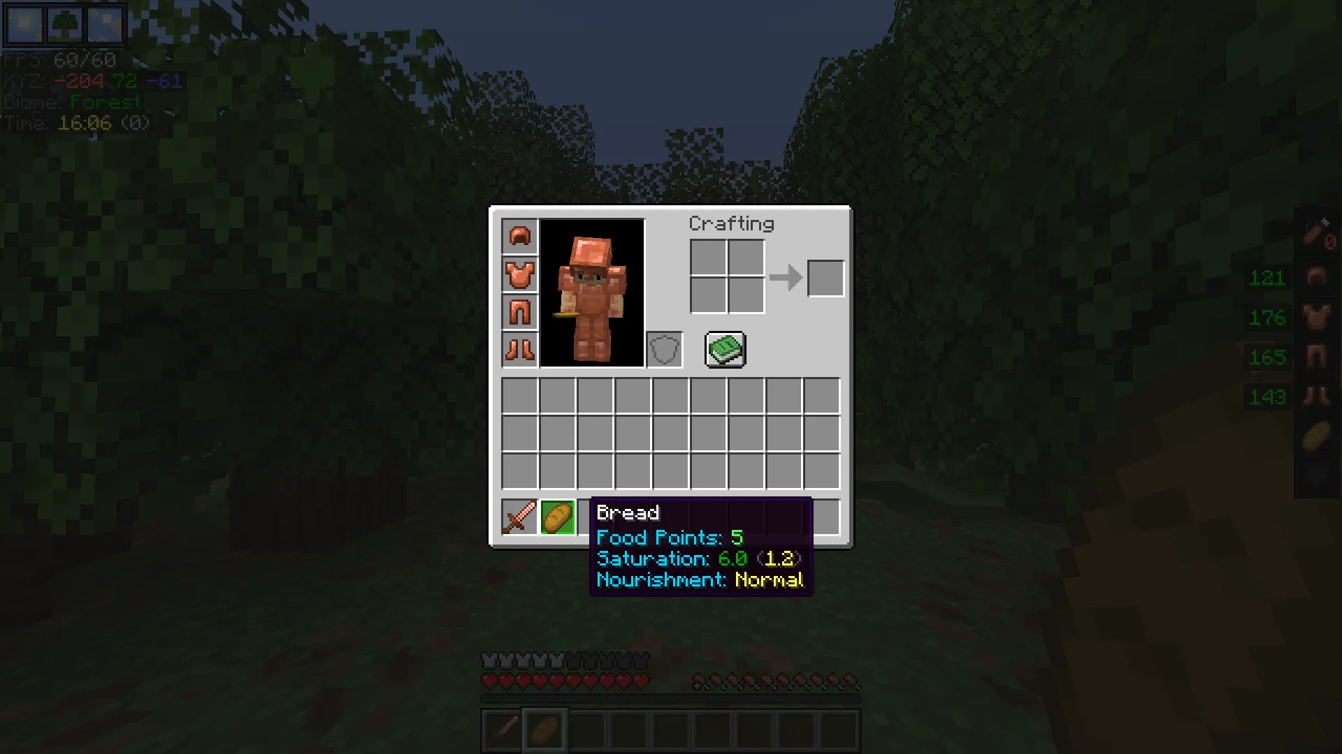 Интерфейс Minecraft с отображением показателей голода и насыщения.
