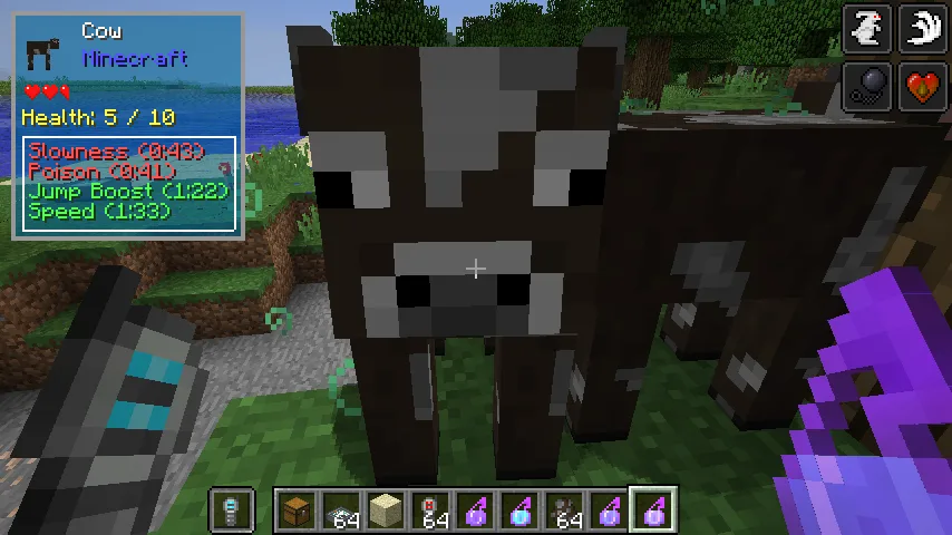 Интерфейс The One Probe, отображающий эффекты зелий у моба при зажатой клавише приседания.