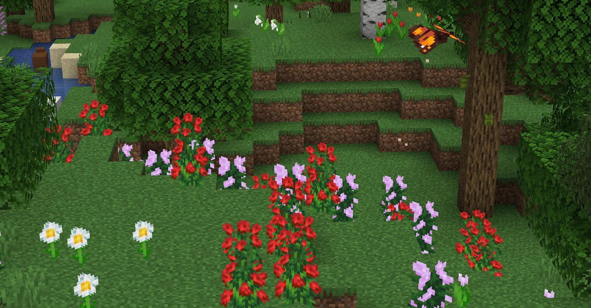 Бабочка летает в цветочном лесу, оставляя пыльцу, на дубе видны куколки.