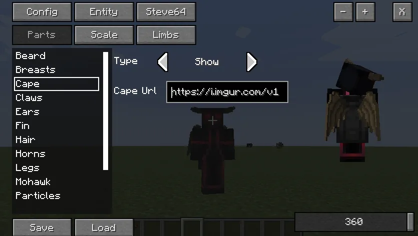 Меню настройки персонажа с плащом в моде MorePlayerModels+