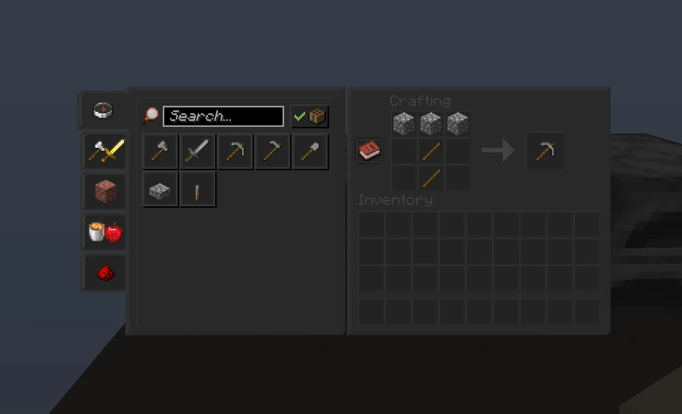 Интерфейс инвентаря и книги рецептов в темном стиле из ресурс-пака Basic Dark GUI.