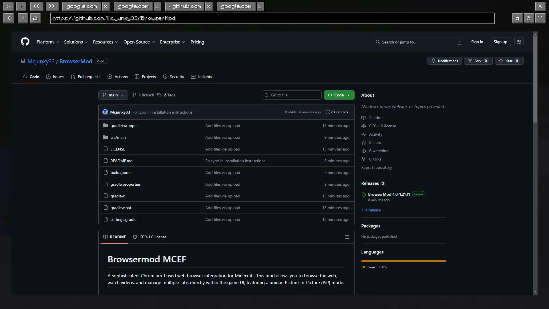 Интерфейс мода BrowserMCEF