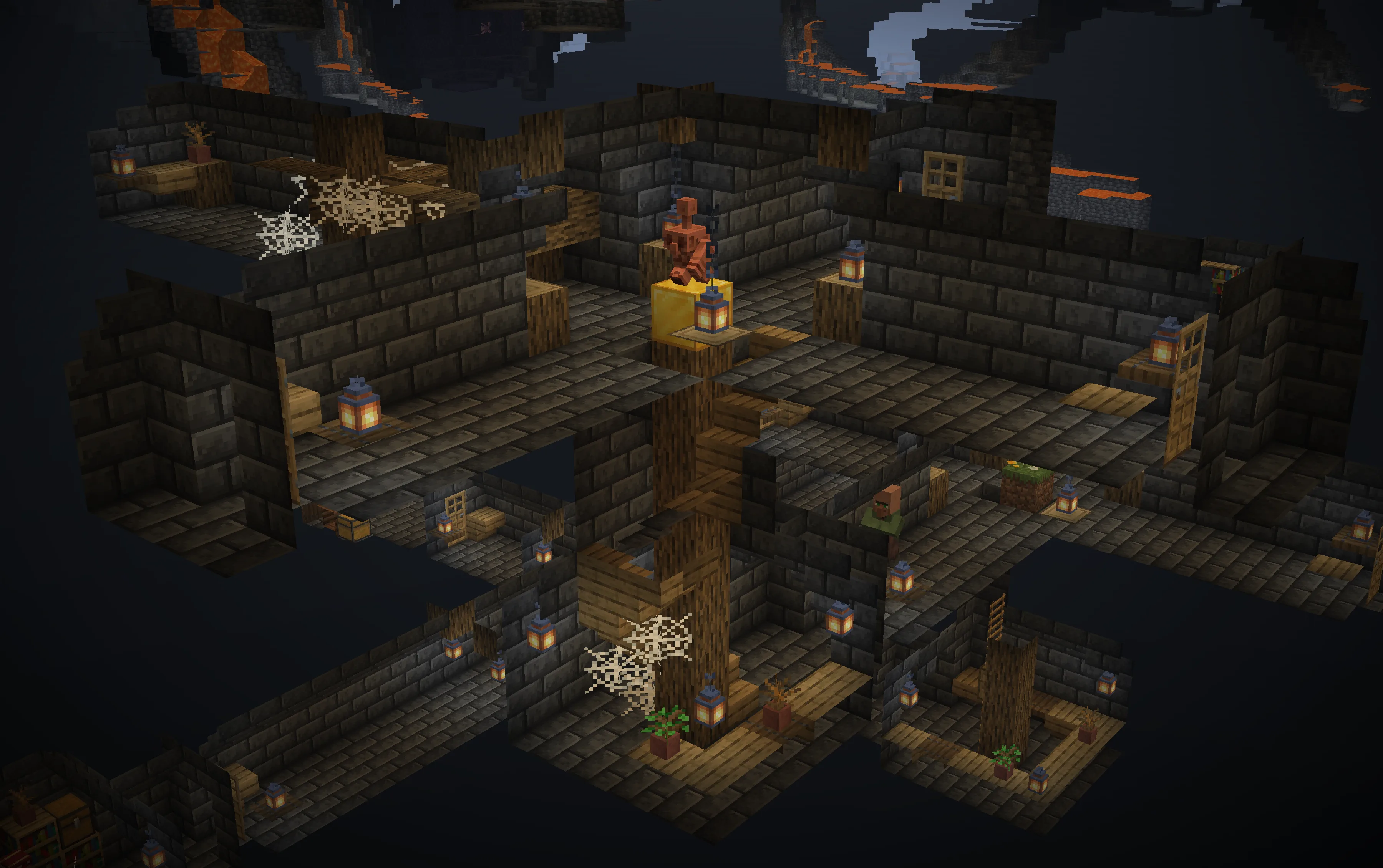 Скриншот подземной деревни в равнинном биоме из мода MinGen.