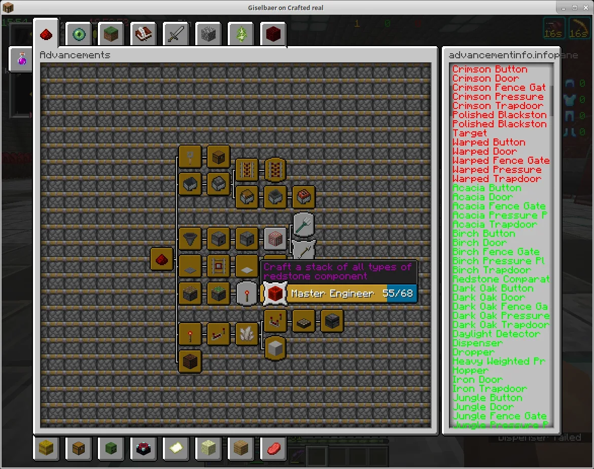 Окно достижений AdvancementInfo с полным списком целей и индикацией прогресса.