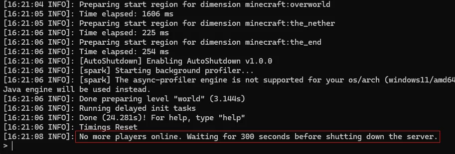 Скриншот консоли с выводом команд мода AutoShutdown.