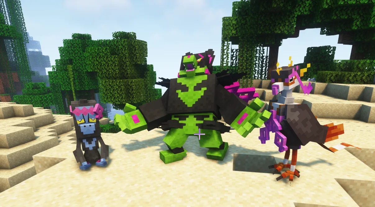 Скриншот из Minecraft с покемонами, основанный на моде Cobblemon.