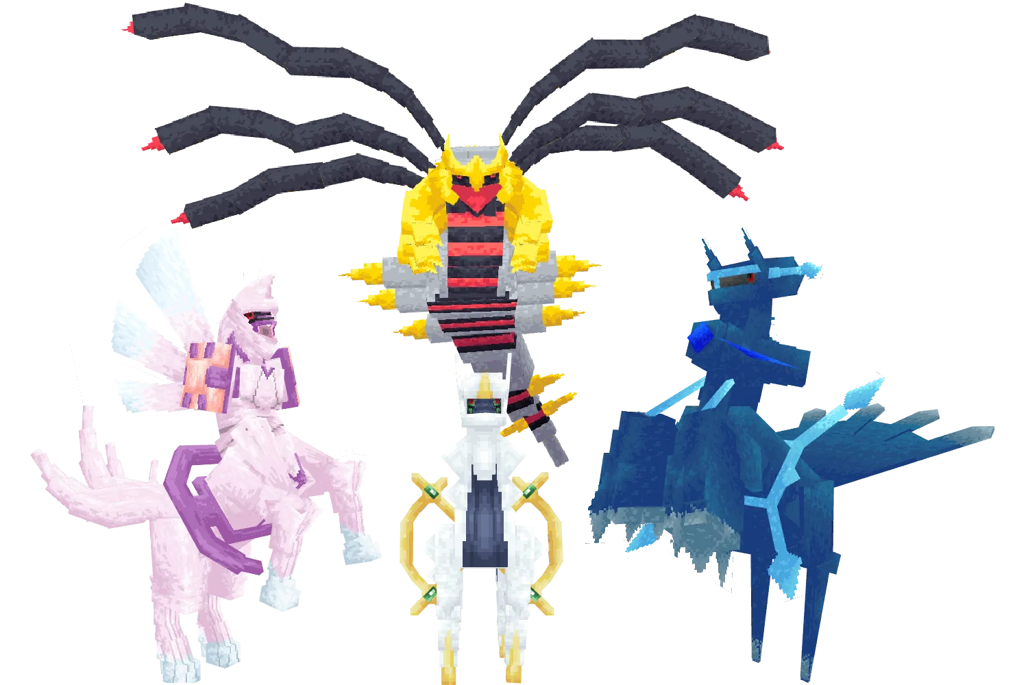 Покемоны Арсеус, Диалга и Палкия в Minecraft.