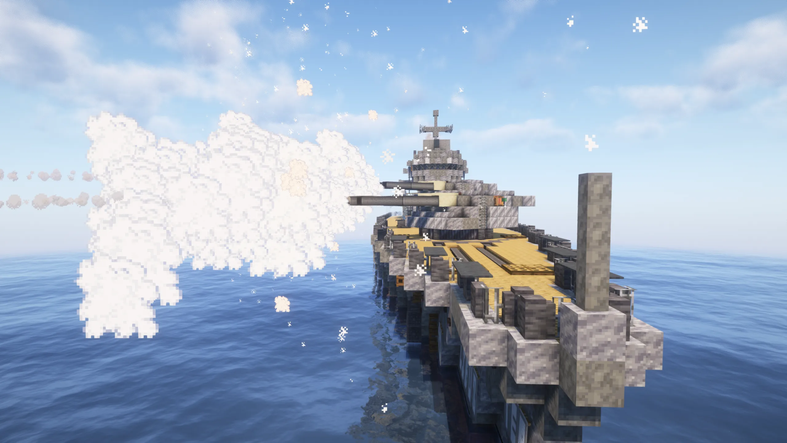 Линкор в Minecraft с установленными пушками из мода Create Big Cannons, построенный игроком submarine1824.