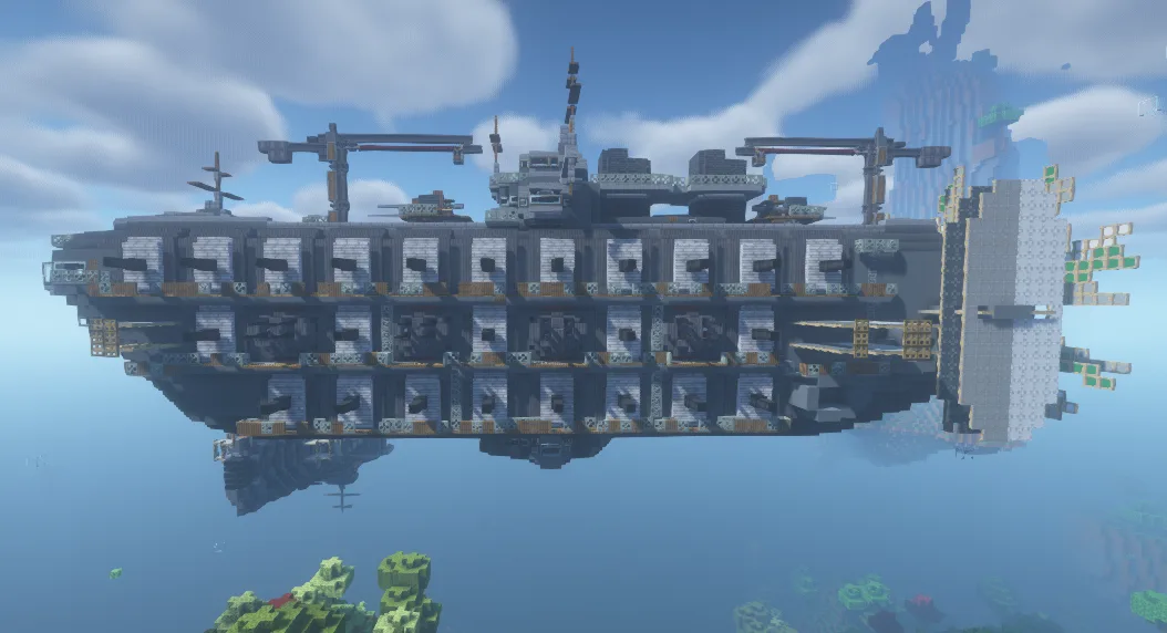 Дирижабль с установленными автоматическими пушками из мода Create Big Cannons, постройка игрока DerCraven.