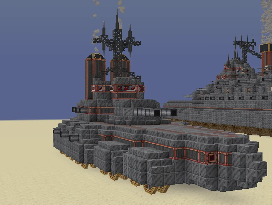 Броненосный корабль с установленными пушками из мода Create Big Cannons, постройка игрока panzerkadse.