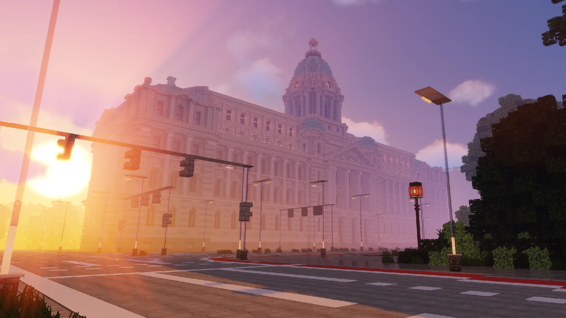 Скриншот текстур-пака Flows HD Lite во время заката в Minecraft.